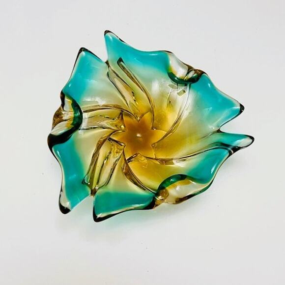 Vintage Mid-Century Handblown Murano Turquoise & Amber Star Bottom Glass Decor - Picture 6 of 6